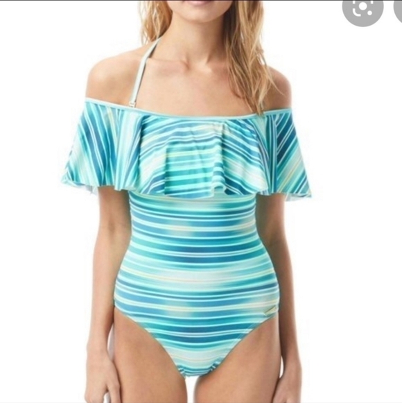 Vince Camuto Other - Vince Camuto azure printed off shoulder ruffled striped swimsuit Sz. 6 NWOT